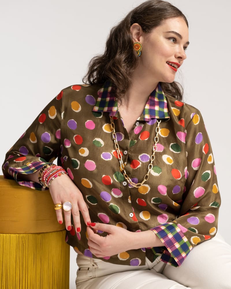 Front of a model wearing a size XL Harriet Silk Blouse Ice Cream Polka Dot in Cream by Frances Valentine. | dia_product_style_image_id:237280